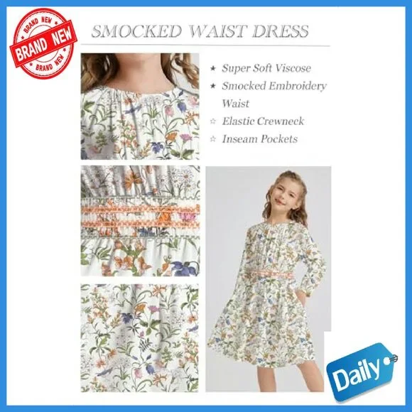 Girls Floral Smocked Waist Midi Dress with Pockets Soft Viscose